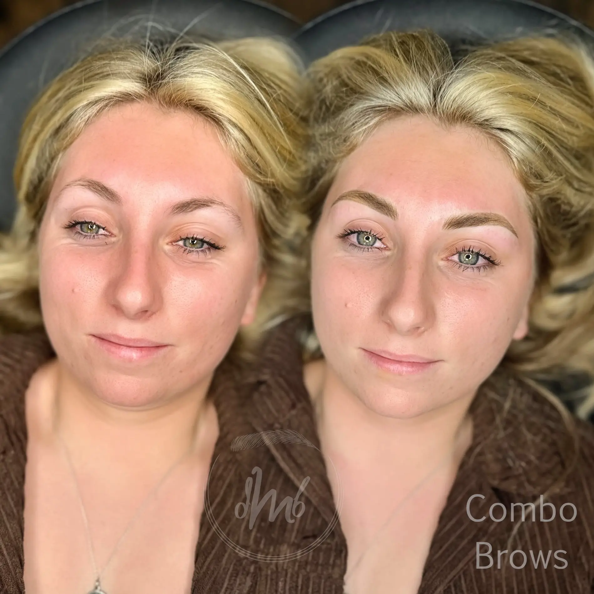 Before and after combo brows with natural hairstrokes and soft shading at Mika Beauty and Brows in San Diego