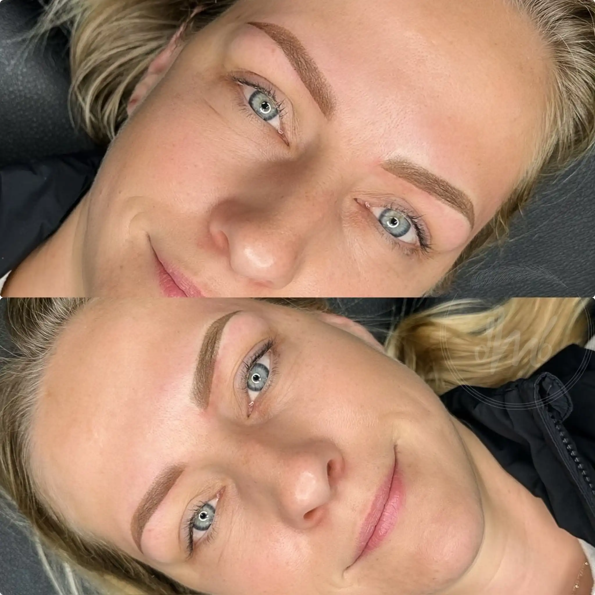 Blonde ombre powder brows with soft natural shading and defined shape at Mika Beauty and Brows in San Diego