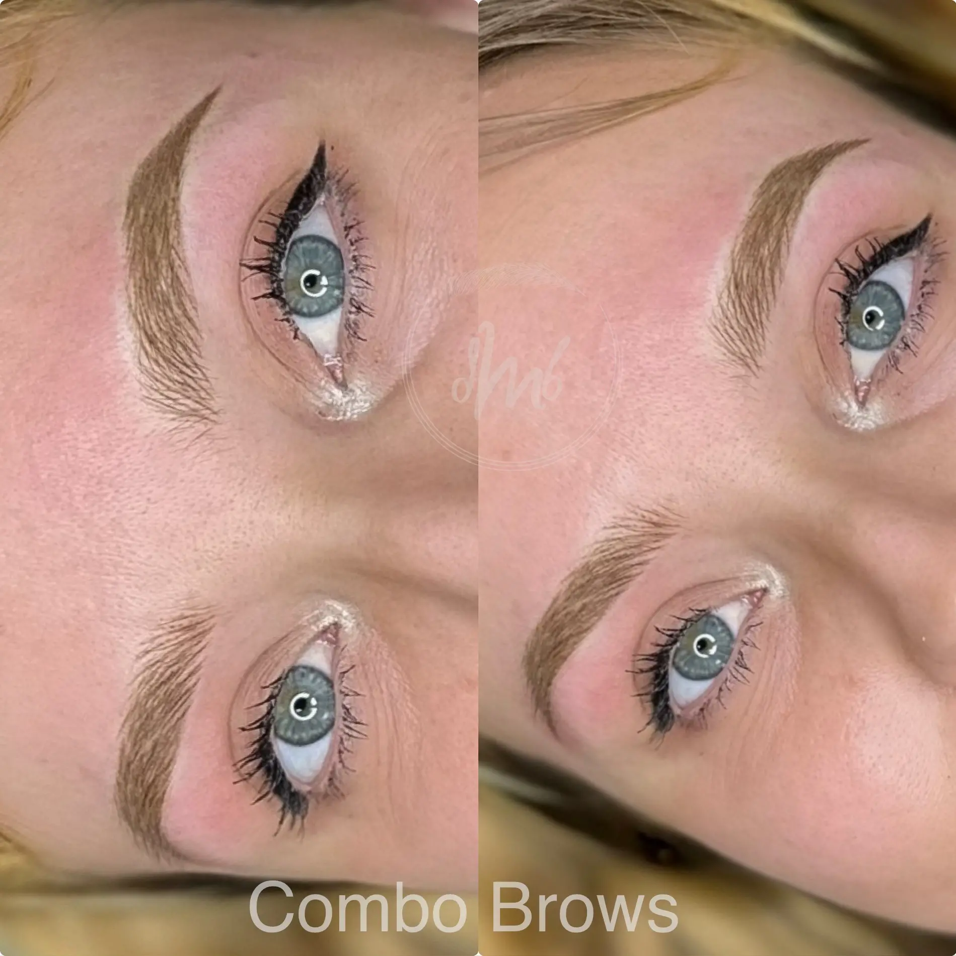 Combo brows with natural hairstrokes and soft shading for fuller defined eyebrows at Mika Beauty and Brows in San Diego