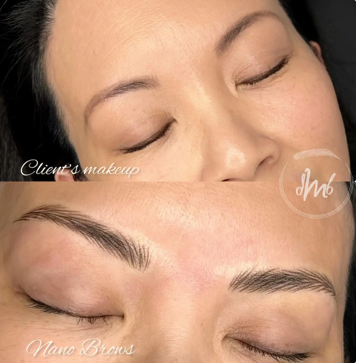 Custom nano brows with realistic hairstrokes designed to create fuller natural-looking eyebrows at Mika Beauty and Brows in San Diego