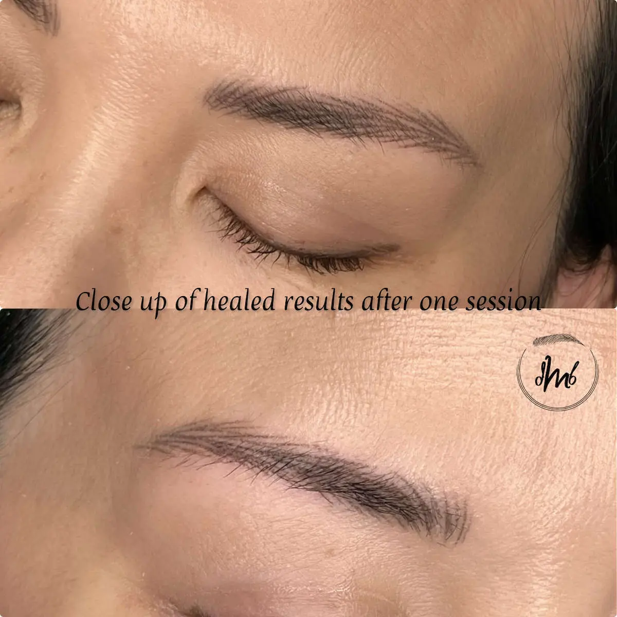 Close-up of healed nano brows after one session showing soft, natural-looking machine hair strokes