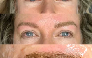 Nano brows before and after showing natural machine hair strokes for fuller, defined eyebrows