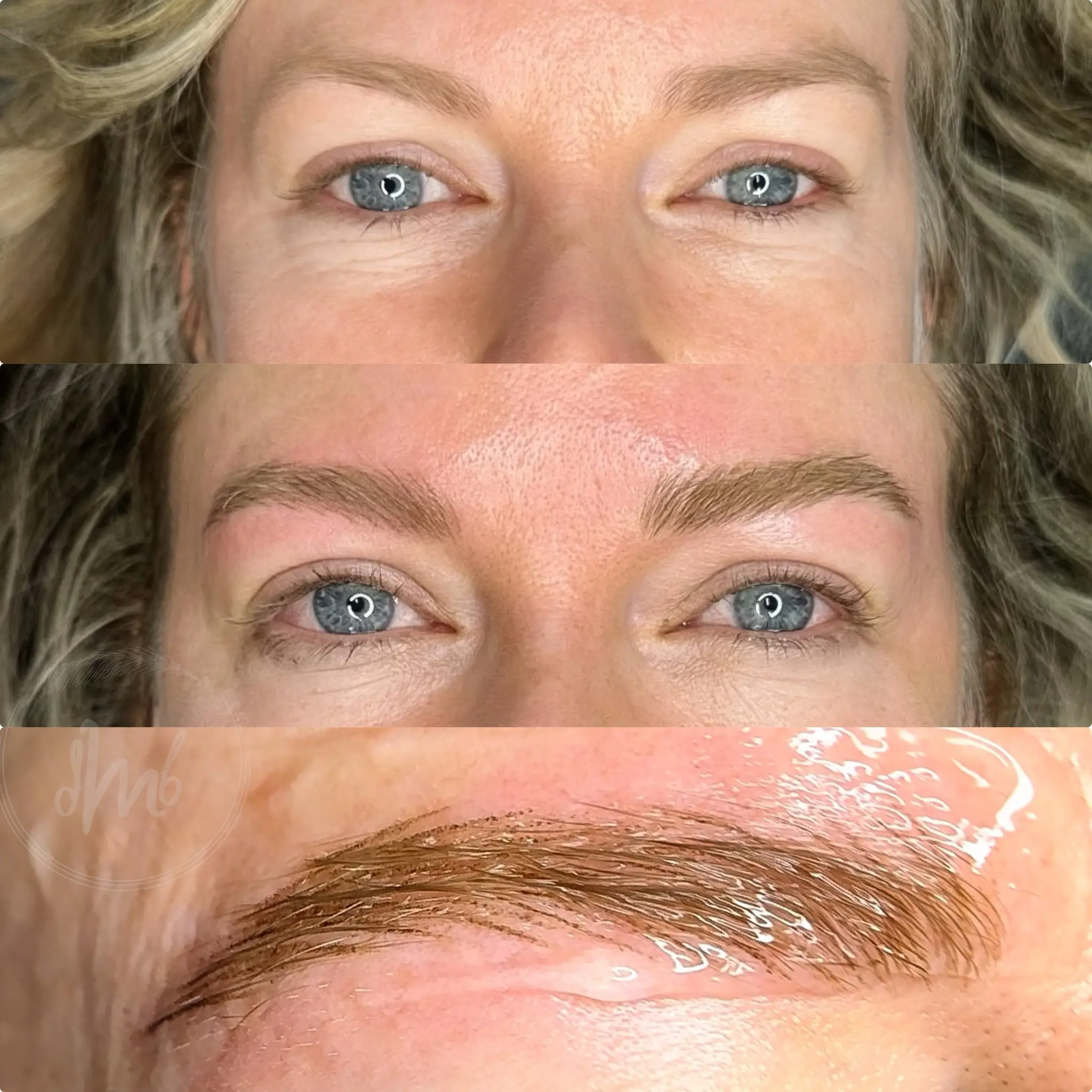 Nano brows before and after showing natural machine hair strokes for fuller, defined eyebrows