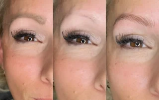 Natural nano brows for blondes creating realistic hairstrokes and fuller defined eyebrows at Mika Beauty and Brows in San Diego
