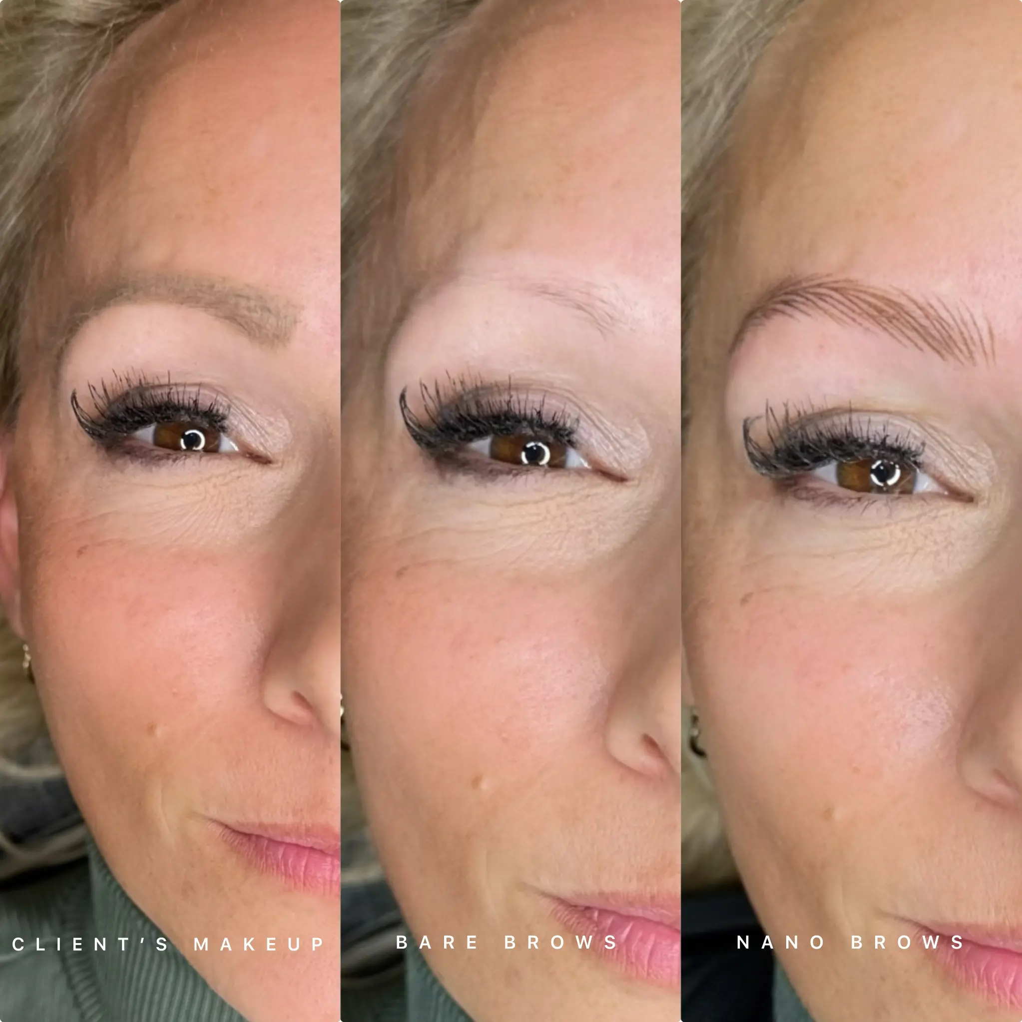 Natural nano brows for blondes creating realistic hairstrokes and fuller defined eyebrows at Mika Beauty and Brows in San Diego