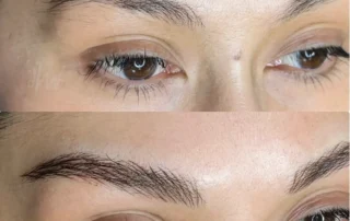 Nano brows with natural machine hairstrokes designed to add fullness and definition while maintaining a soft realistic eyebrow appearance