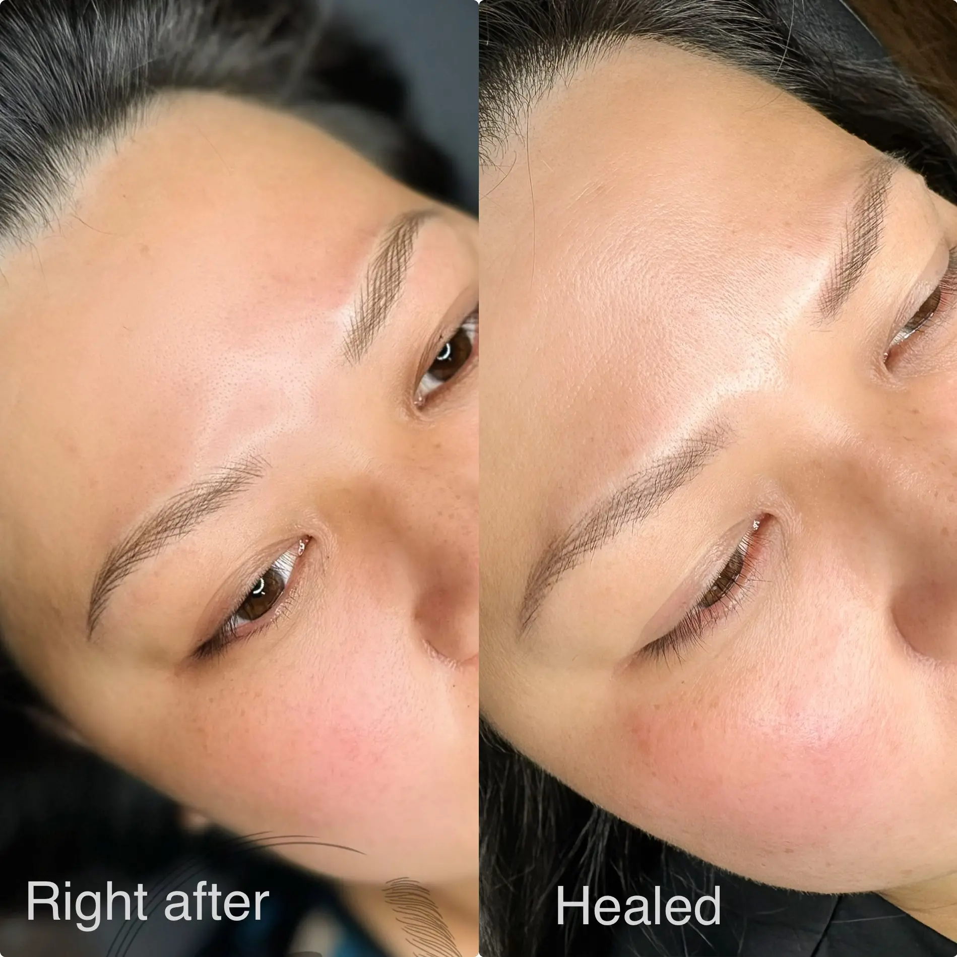 Nano brows shown right after treatment and fully healed with natural hairstrokes at Mika Beauty and Brows in San Diego