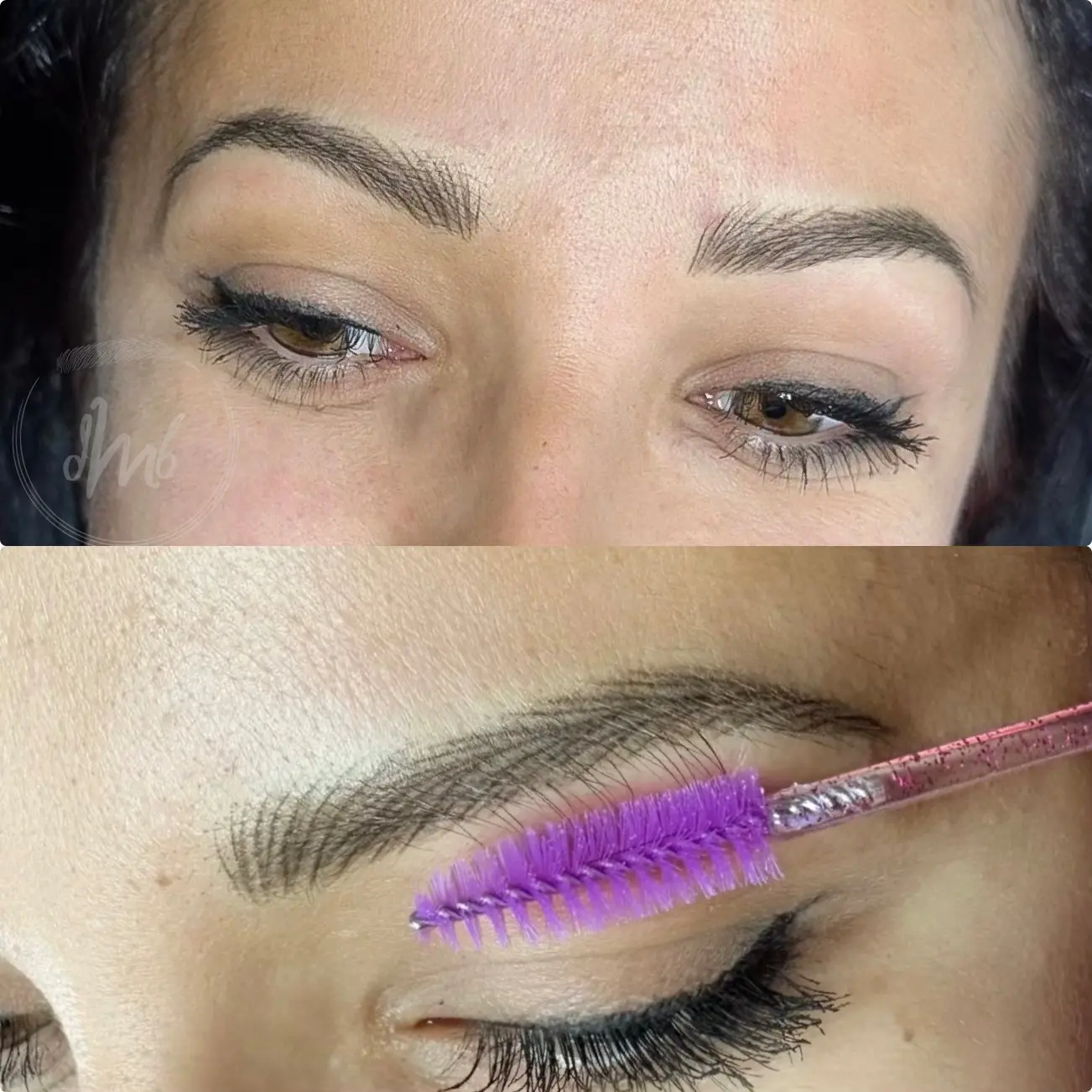 Natural nano brows showing realistic machine hair strokes for fuller, defined eyebrows with a soft permanent makeup result